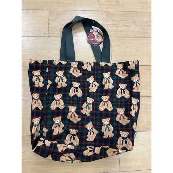VIRAL Tartan Plaid Teddy Bear Cotton Canvas Tote Reusable Shopping Bag Handbag - Picture 9 of 12